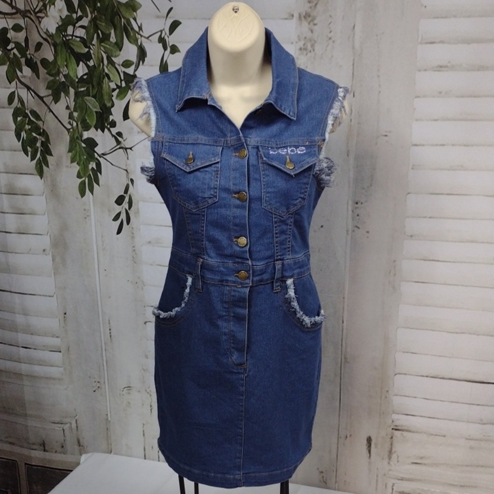 bebe Blue Sleeveless Denim Button-Front Raw Hem Dress Size S
